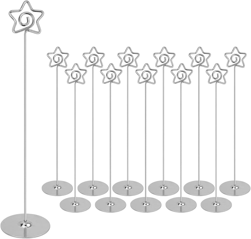 Silver Pentagram Place Card Holders, 12 Pack, 12 Inch Table Number Stands | Metal Table Card & Picture Holders