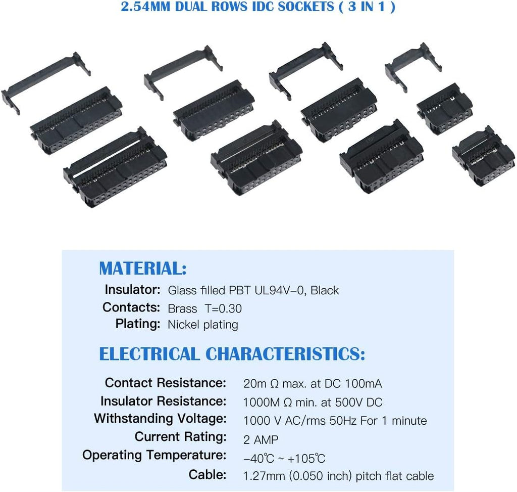 Glarks Professional IDC Crimp Tool with 48Pcs 2.54mm Pitch Dual Rows IDC Sockets 10 16 20 26 Pin Female Header Rectangular Connector Adapter