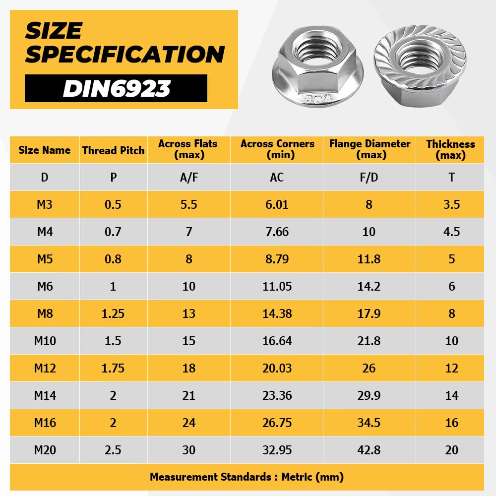 200pk M4-0.7 Flange Nuts, 304 Stainless Serrated Flange Lock Nuts