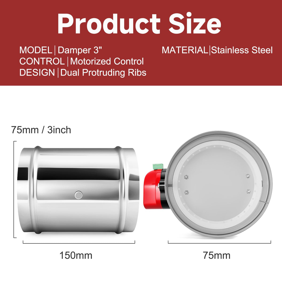 Aulmscn 3" Motorized Duct Damper, Stainless Steel Backdraft for HVAC,AC24V