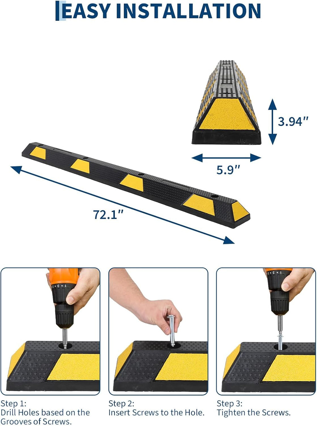 72 in Heavy Duty Rubber Parking Curb, 55000 LB Capacity, 6 ft Garage Parking Stopper with Reflective Stripes, Car