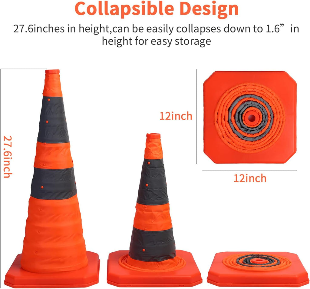 4 Pack 28 inch Collapsible Traffic Cones with LED Light Orange | Orange Collapsible Traffic Cones with Reflective