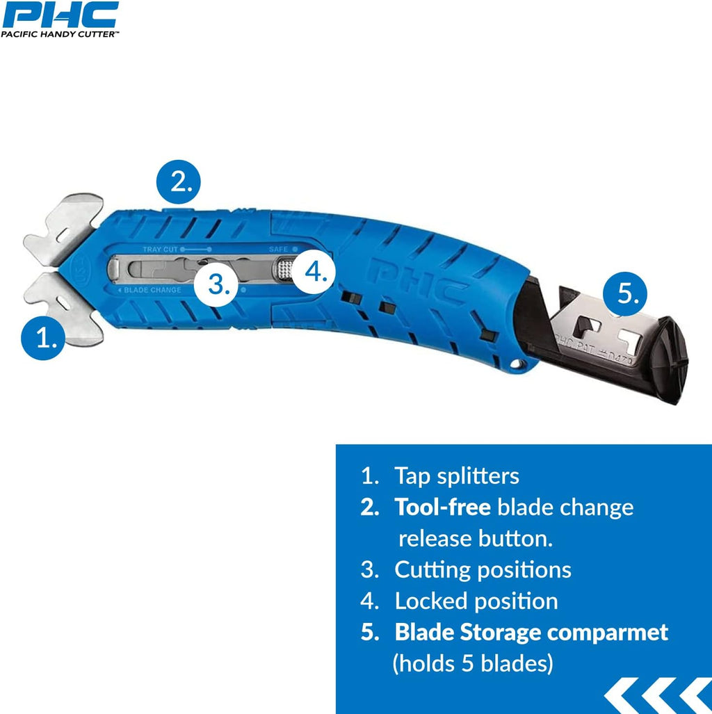 S8 Safety Cutter, Ambidextrous Retractable Utility Knife with Ergonomic Design, Bladeless Tape Splitters, Steel