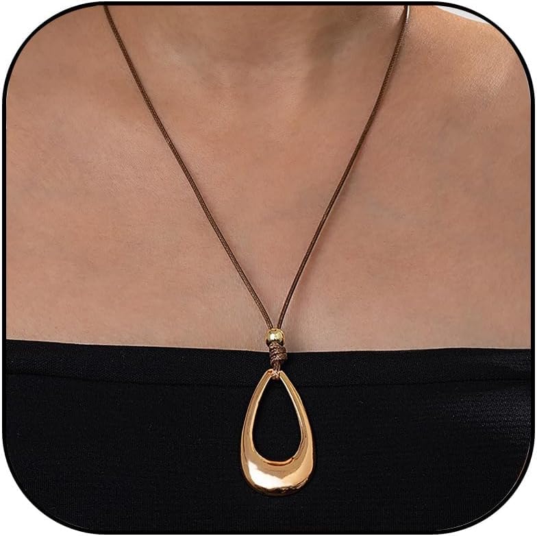 Boho Hollow Teardrop Necklace for Women Gold Waterdrop Pendant Necklace Geometric Hollow Square Statement Necklace
