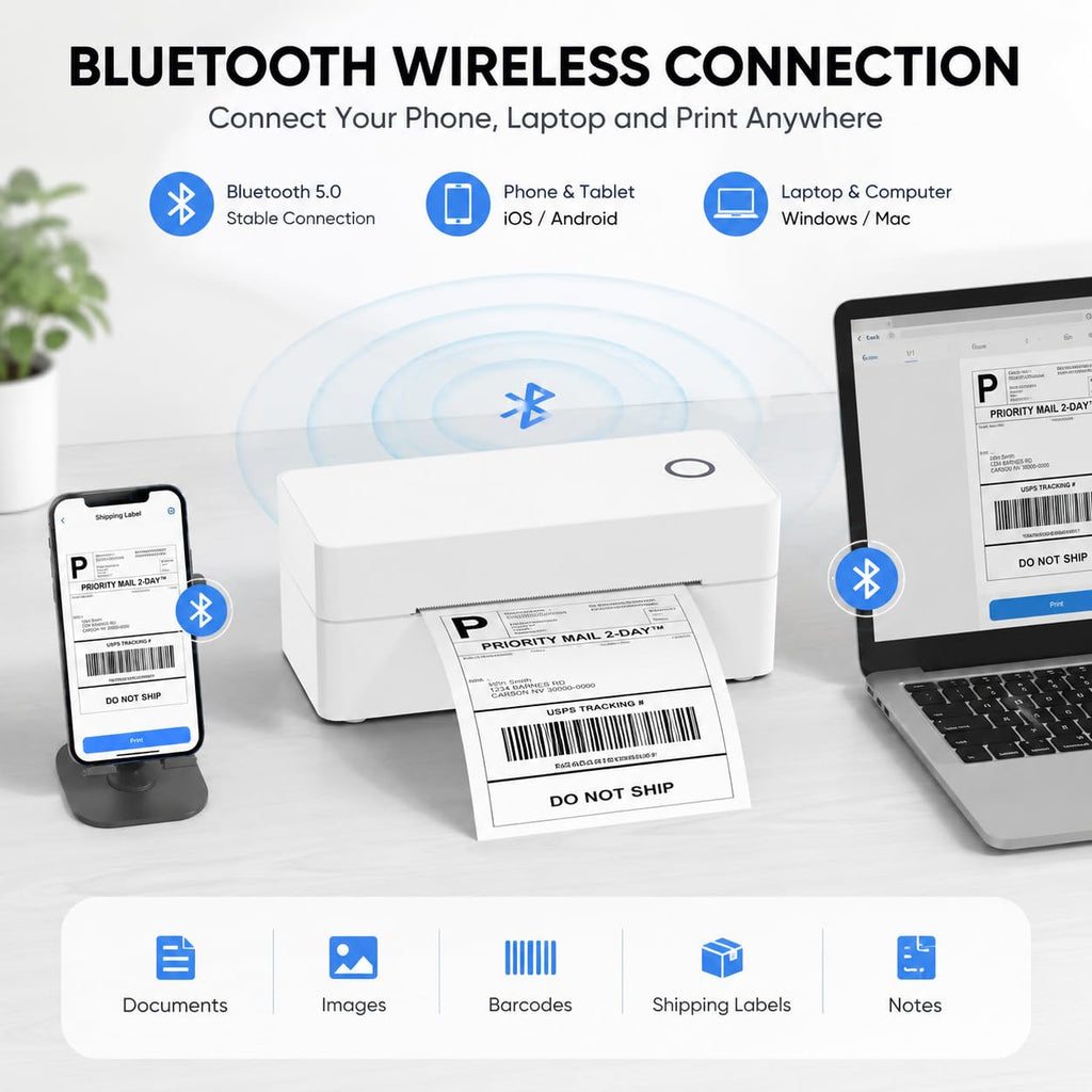Bluetooth Thermal Label Printer, Wireless Shipping Label Maker for Business