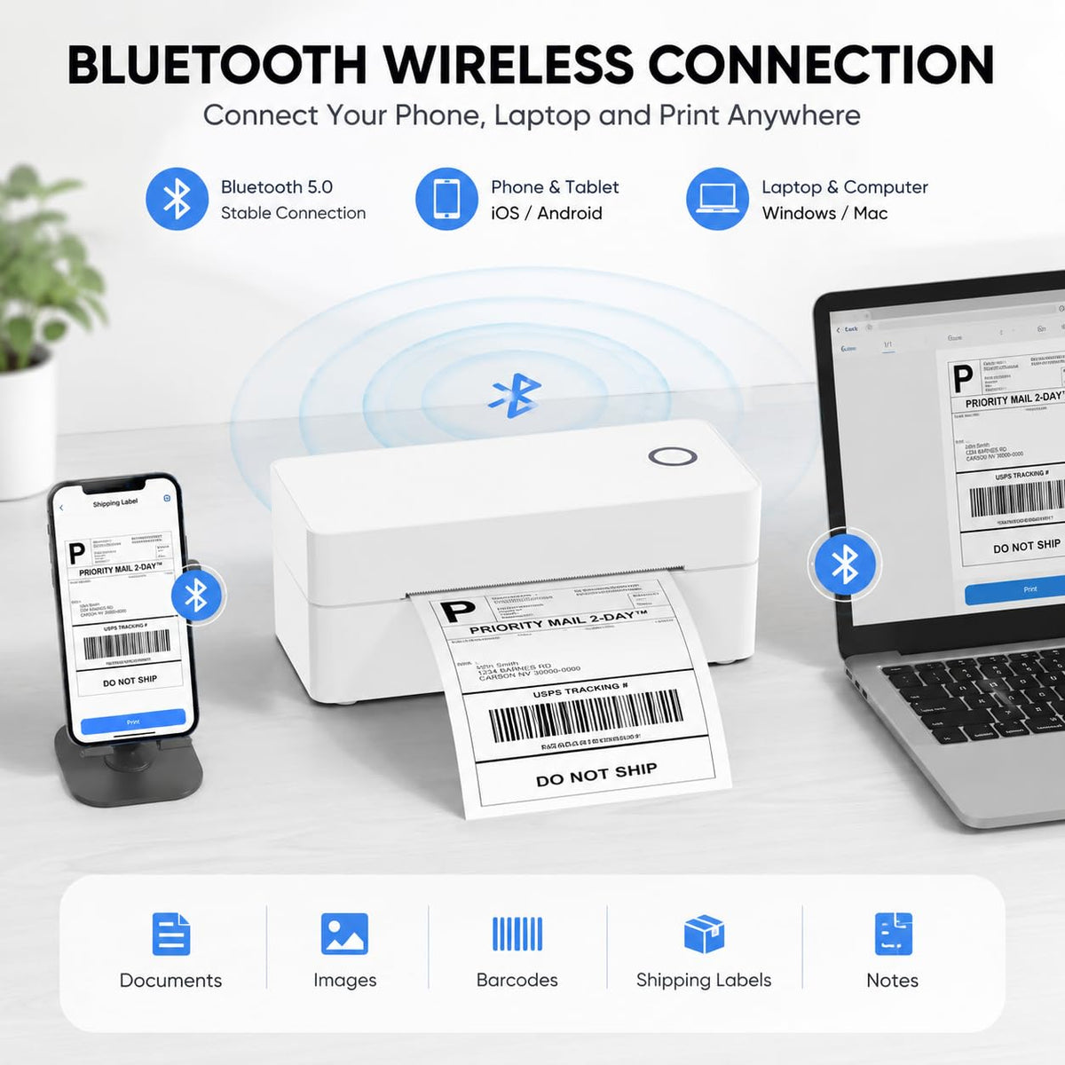 Bluetooth Thermal Label Printer, Wireless Shipping Label Maker for Business