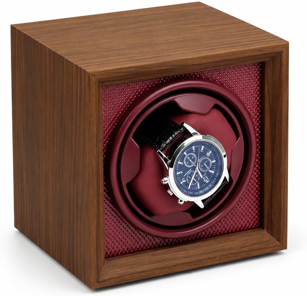 Automatic Single Watch Winder Box for Watches | Single Watch Rotator with Ultra-Quiet Motor, Walnut Wood Grain Case
