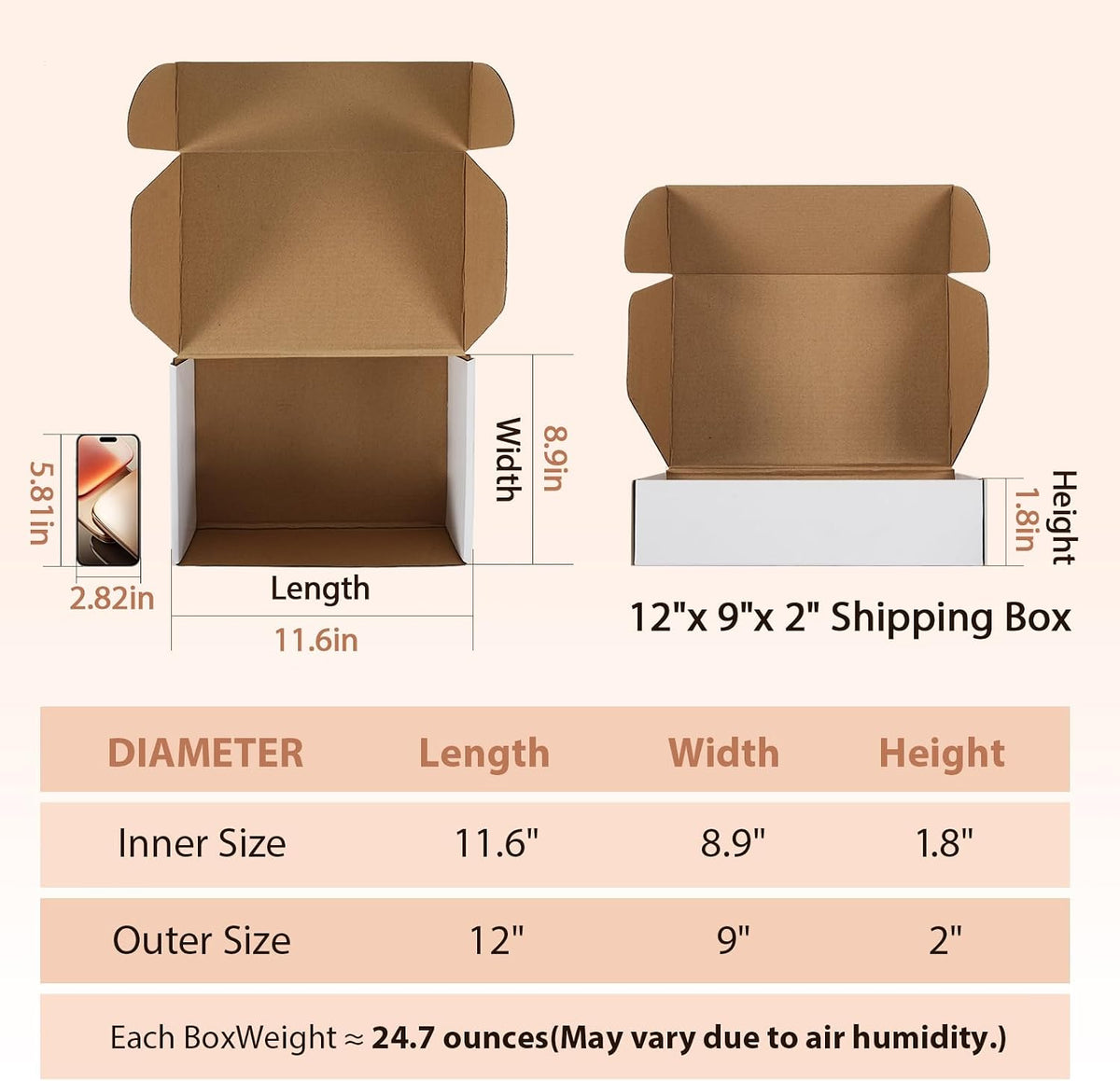 Shipping Boxes 25 Pack, Corrugated Cardboard Mailer Boxes for Small Business, Easy Fold Literature Mailers, Heavy