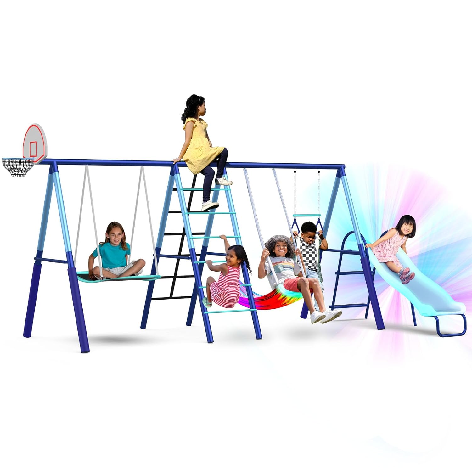 Ramona Metal Swing Set 7-in 1: 3 Swings, Climbing Ladder and net, Basketball Hoop, and 5-ft Blow Molded Slide, 700lb