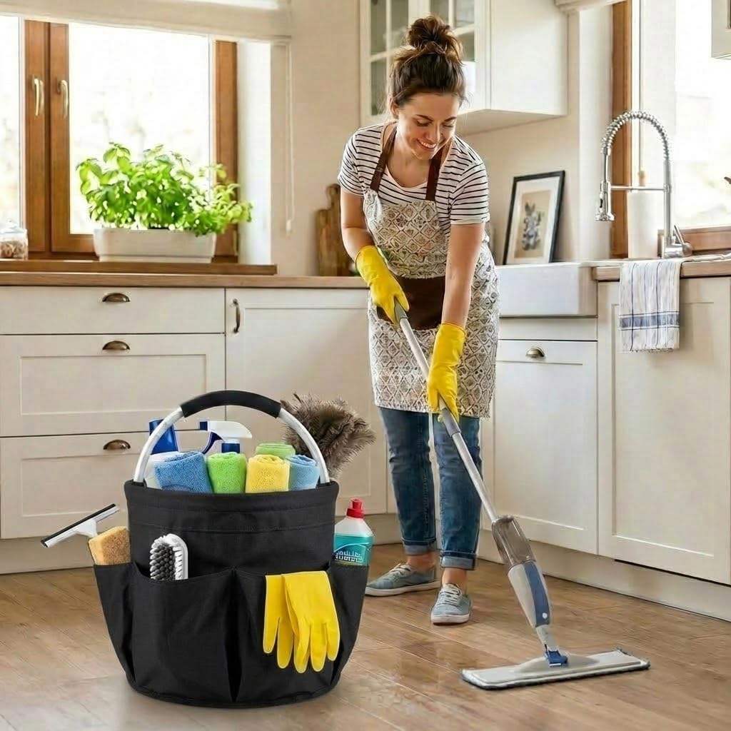 Foldable Cleaning Caddy with Handle 17L Large Cleaning Supplies Organizer 600D Oxford Portable Bucket Basket with 6