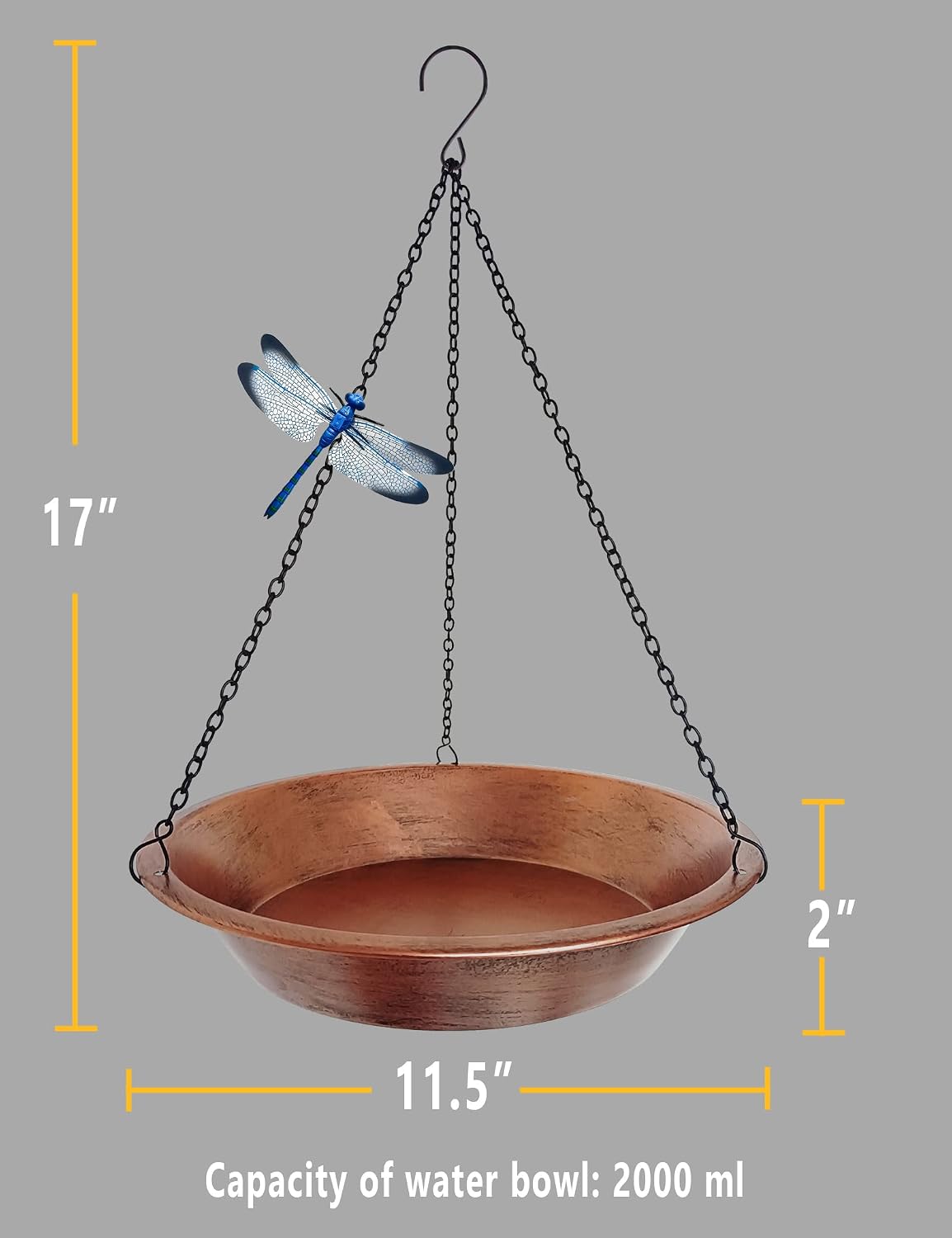 Hanging Bird Bath & Feeder, 11.5 Inch Antique Copper Metal Birdbath Bowl