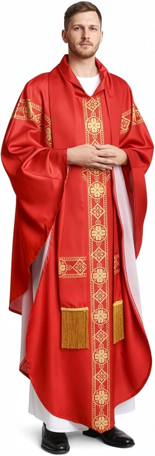 Red Catholic Chasuble, Priest Vestment with Stole, Round Collar Clergy Robes for Men, Church Mass Priest Costume for