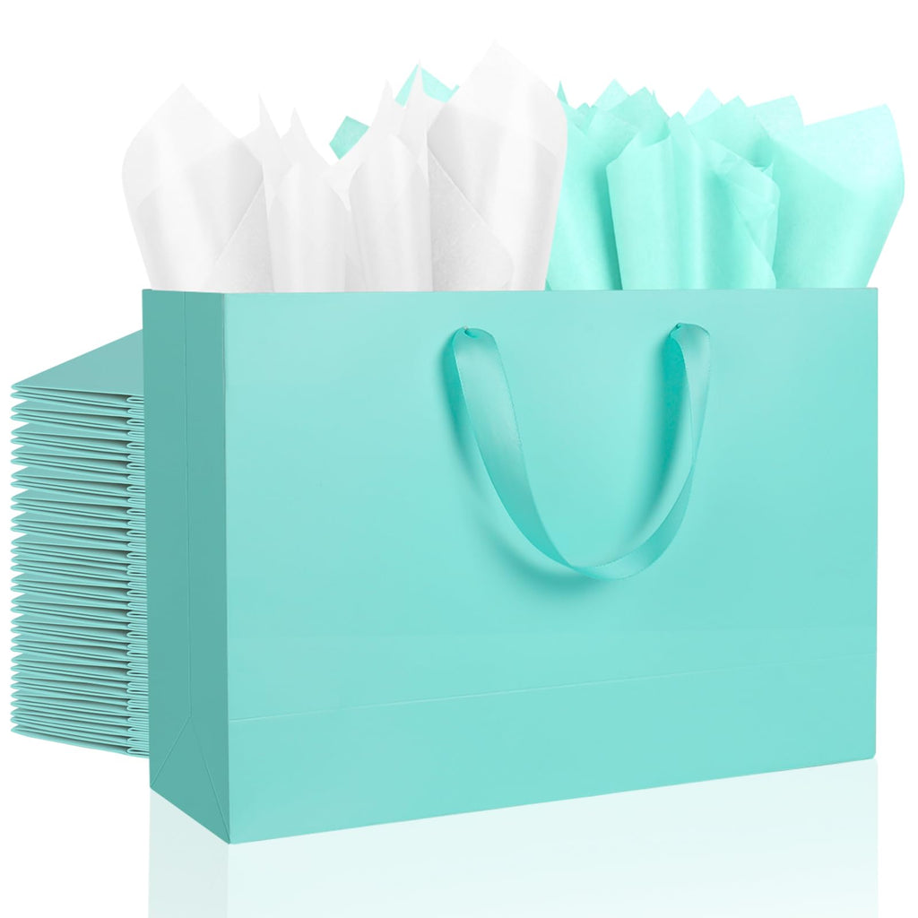 12 Pack Large Sky Blue Gift Bags with Handles & 24 Tissue Papers