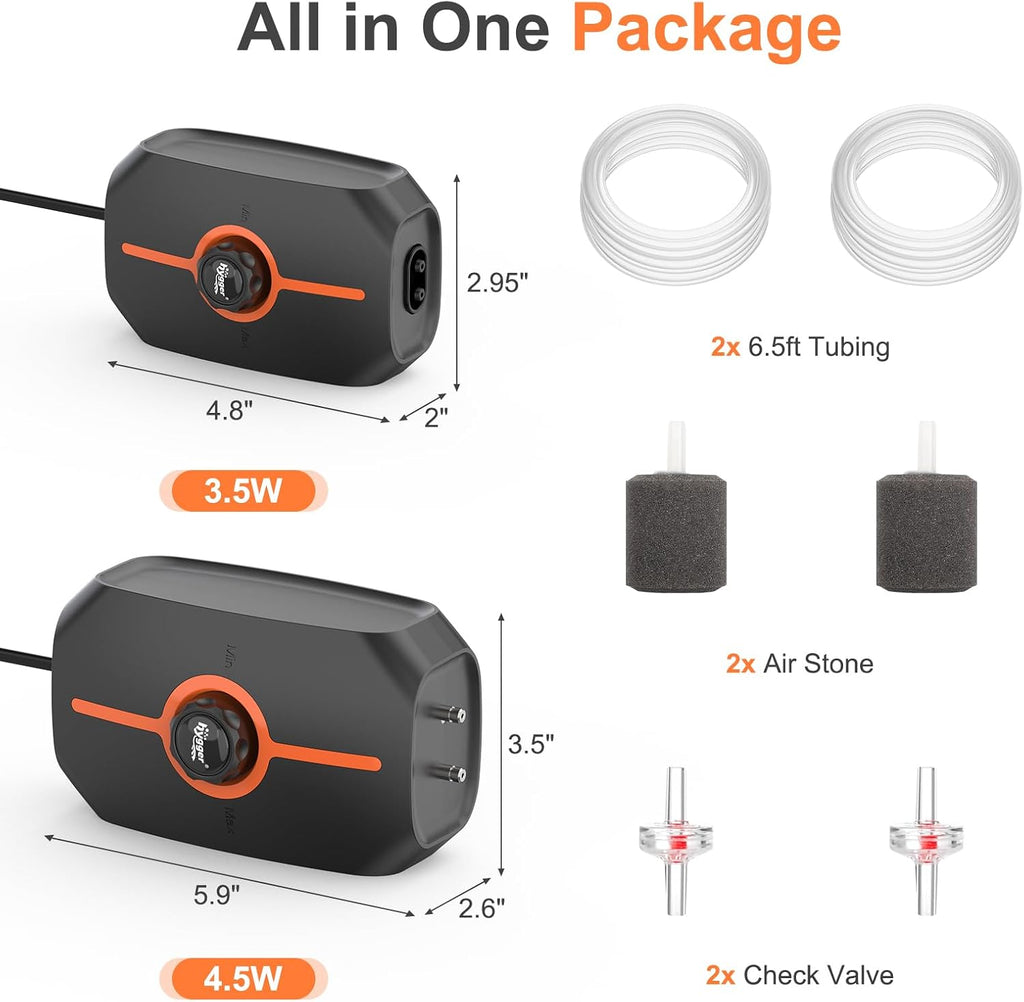 Powerful Aquarium Air Pump, 3.5W/4.5W Ultra Quiet Fish Tank Air Pump Dual Outlet, Adjustable Oxygen Aerator Pump with