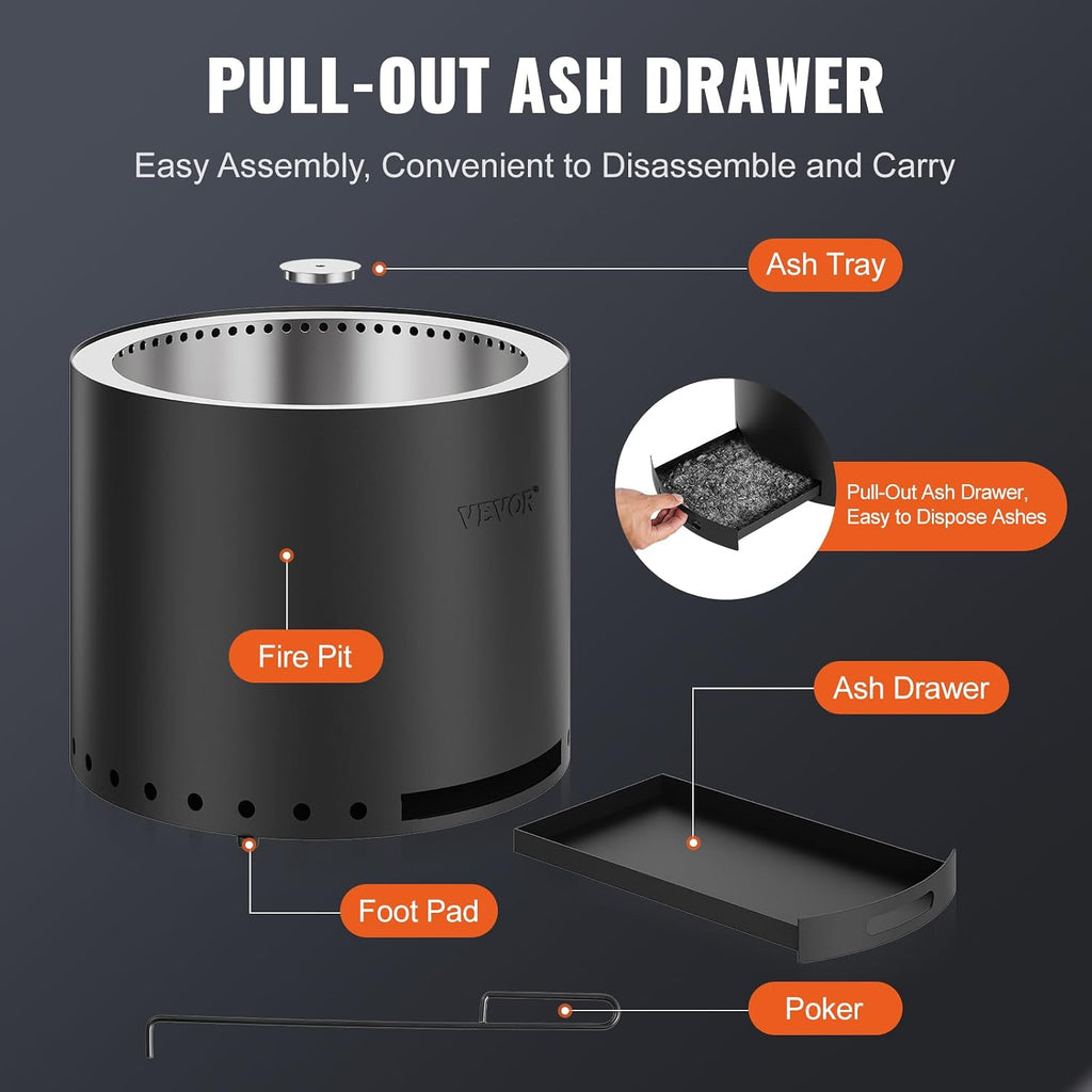 Smokeless Fire Pit Stove Bonfire, H: 15.4 in x Dia: 19.3 in,Wood Burning Fireplaces with Removable Ash Pan, SUS430