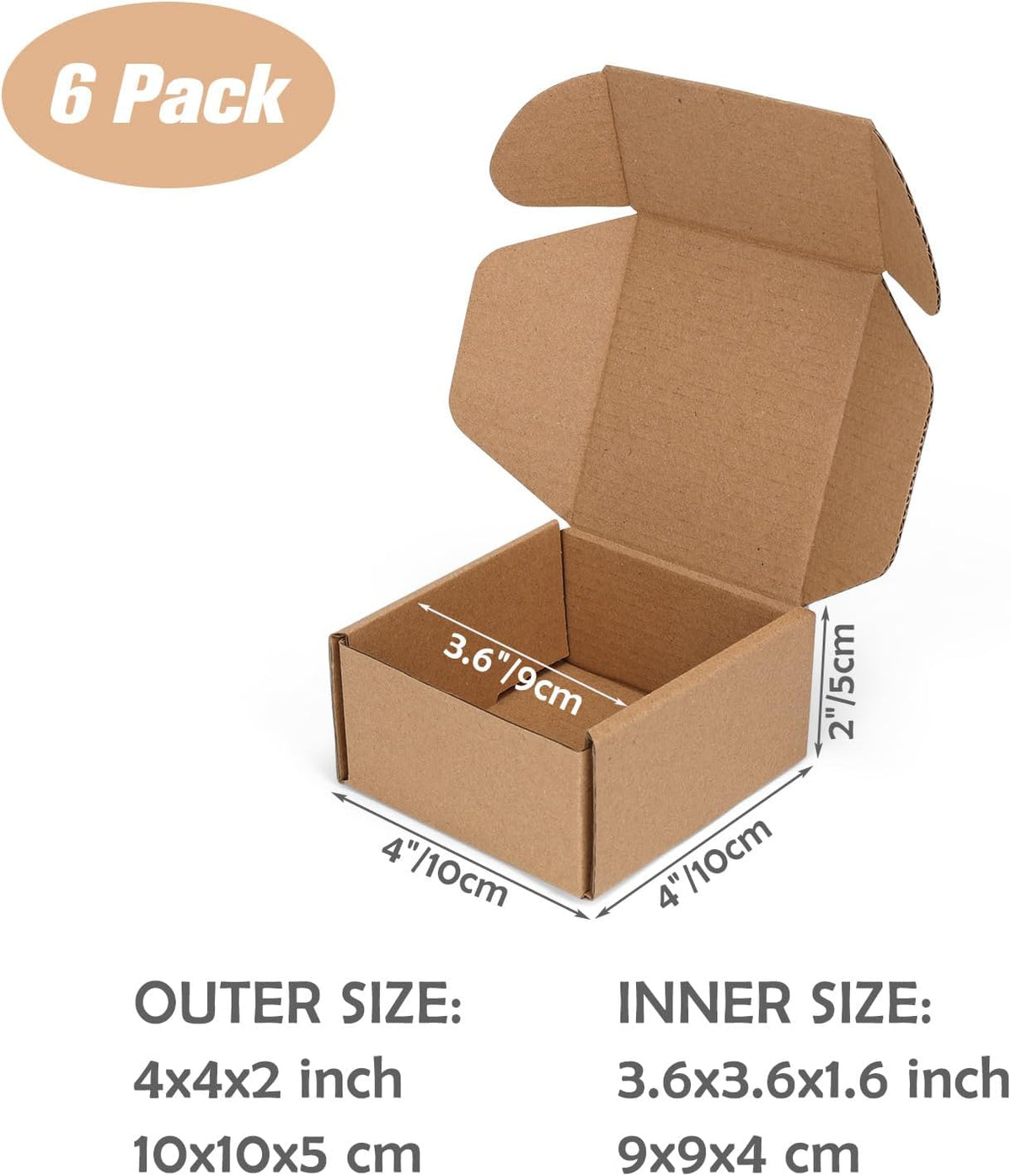 4x4x2 inch Small Shipping Boxes, Set of 6 Mailer Boxes, Brown