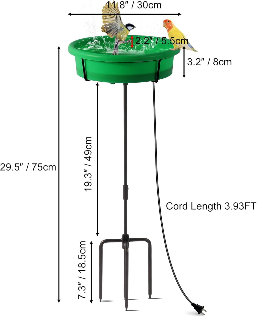 Standing Heated Bird Bath for Outdoors for Winter, 75W Heated Bird Baths with Detachable Power Cord,Thermostatic