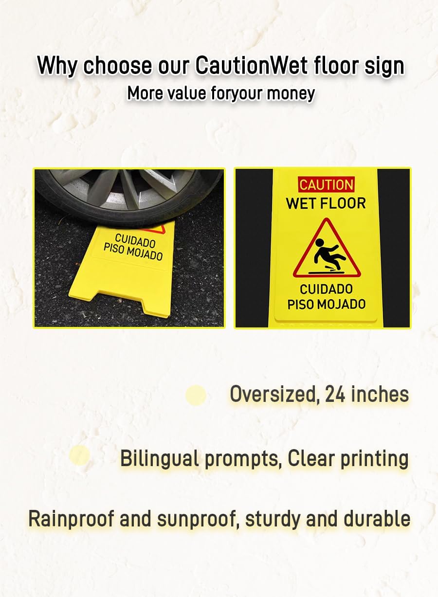 3-Pack Caution wet floor sign, 24 in. (approx. 60 cm) Height,Bright Yellow Double-Sided Folding A-Shaped Frame