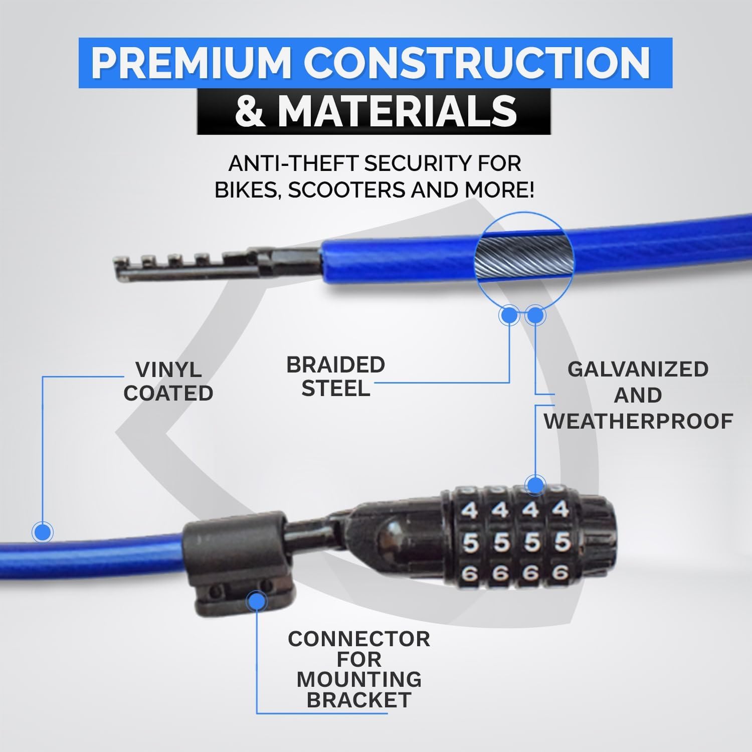 Anti-Theft Security Cable Lock, Blue, 2ft, Combination Lock, Weather Resistant, Portable | Weatherproof, Vinyl