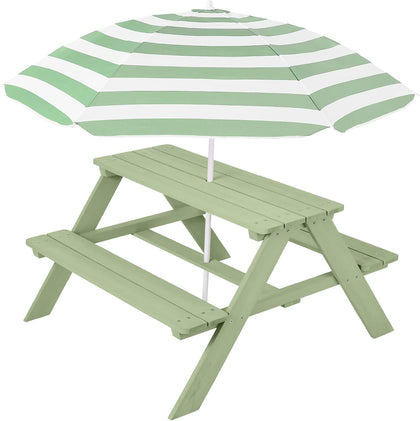 Wooden Kids Picnic Table with Umbrella, Outdoor Activity Table Set with Built-in Benches, 220 lb Capacity per Bench