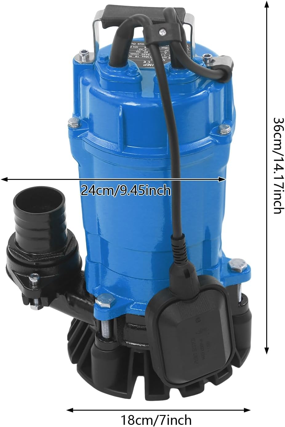 1HP Submersible Sewage Pump, 5019GPH Portable Trash Pump 3420RPM Cast Iron Utility Equipment, 59ft Lift for Basement