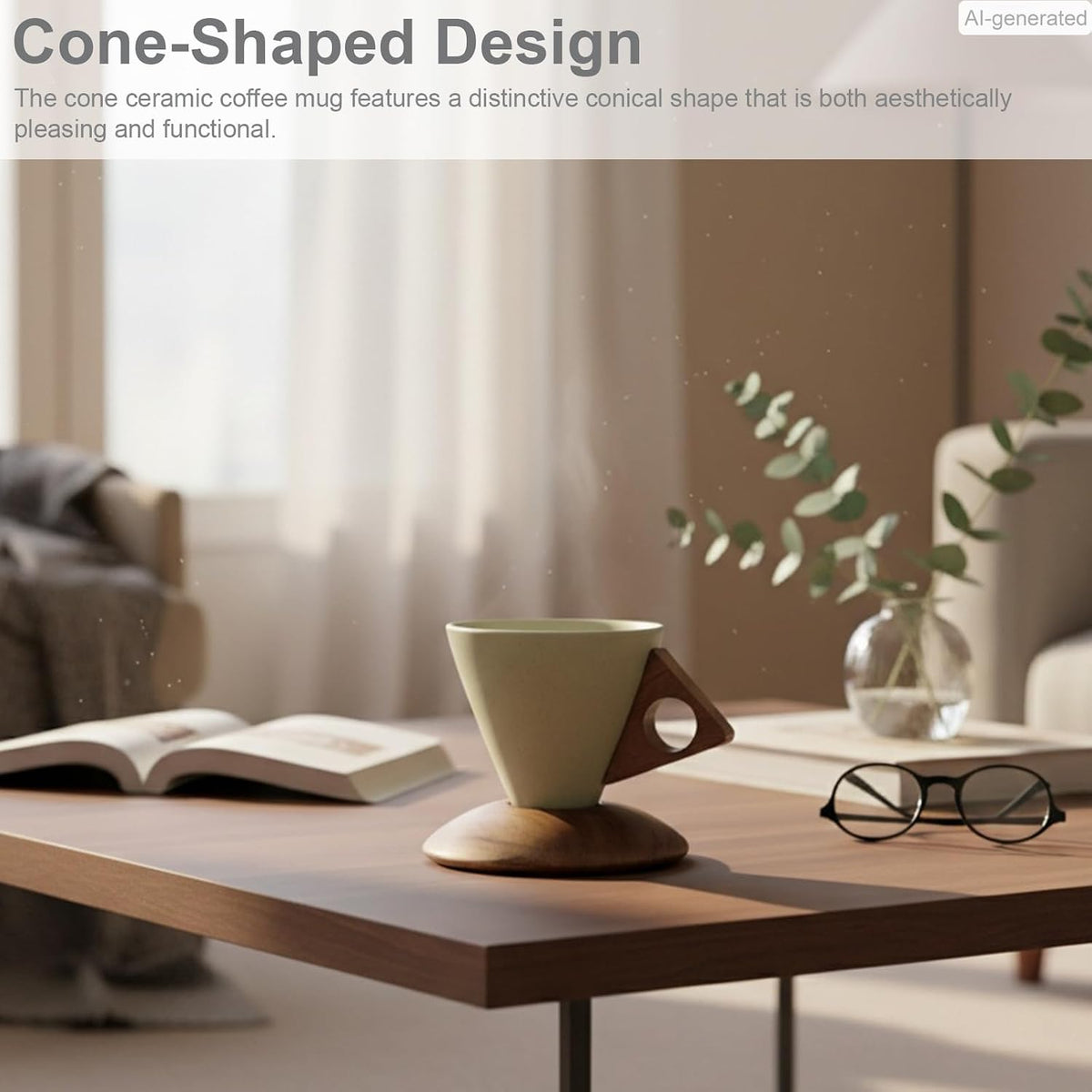 Cone Ceramic Coffee Mug with Acacia Wood Base - Conical Espresso Cup Set, Solid Wooden Triangle Handle and Coaster