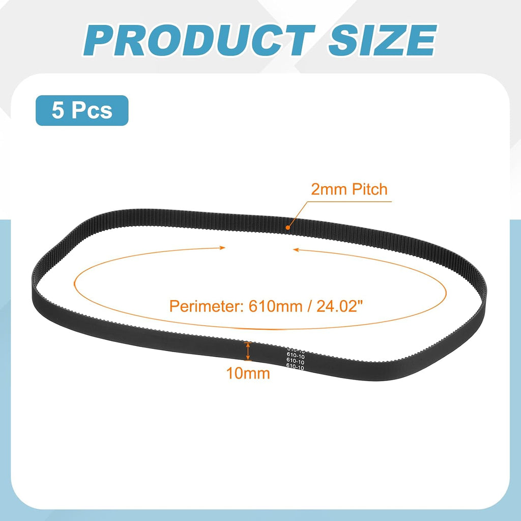 MECCANIXITY 610mm GT-2 Timing Belt 10mm Width 2mm Pitch Black 5pcs