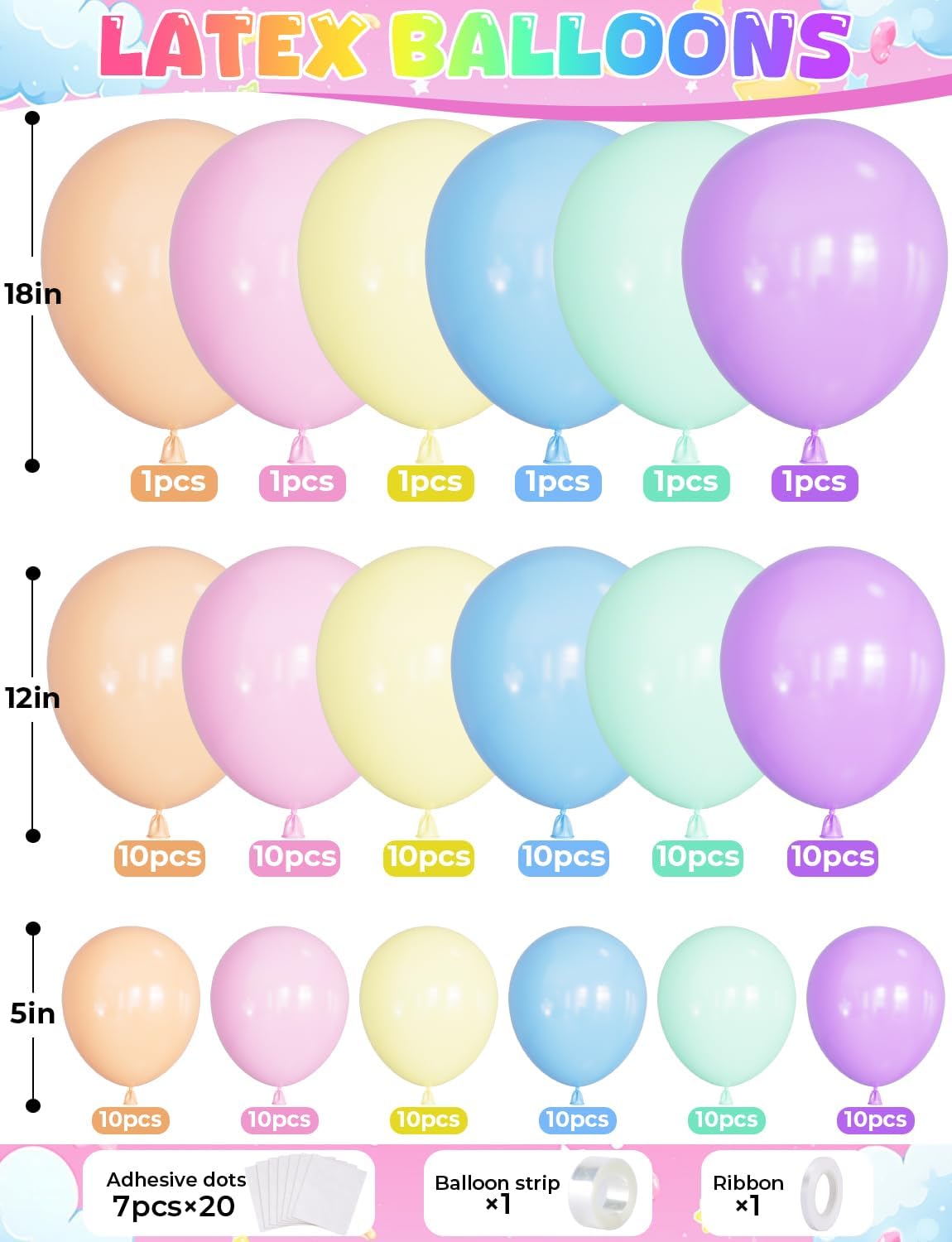 Pastel Rainbow Balloons Arch Garland Kit, Macaron Assorted Color Balloon Arch Kit,18/12/5 In Pastel Spring Balloon