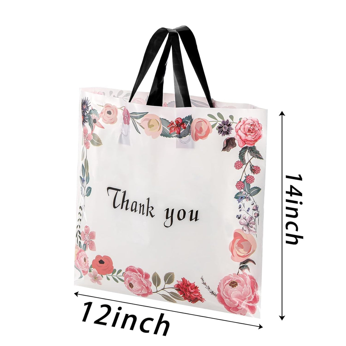 60 Pack Thank You Bag, Plastic Shopping Bag with Handles, 14'' x 12'' Spring Flowers Reusable Merchandise Bags, Gift