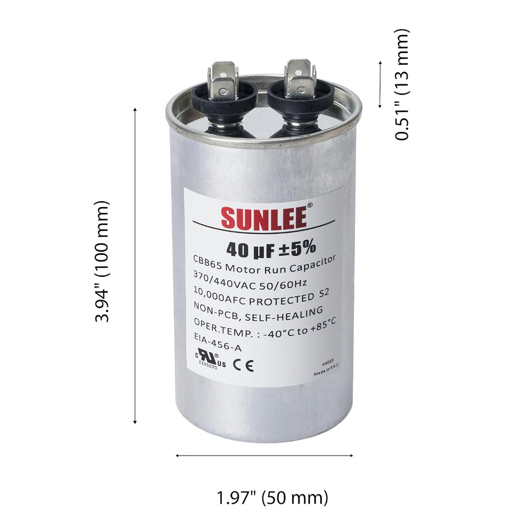 SUNLEE UL Recognized Single Run 40 uF (40 MFD) 370/440 VAC CBB65 Capacitor, 50/60 Hz, Reliable Replacement for AC Condenser Fan Motor, Heat Pump or Pool Pump