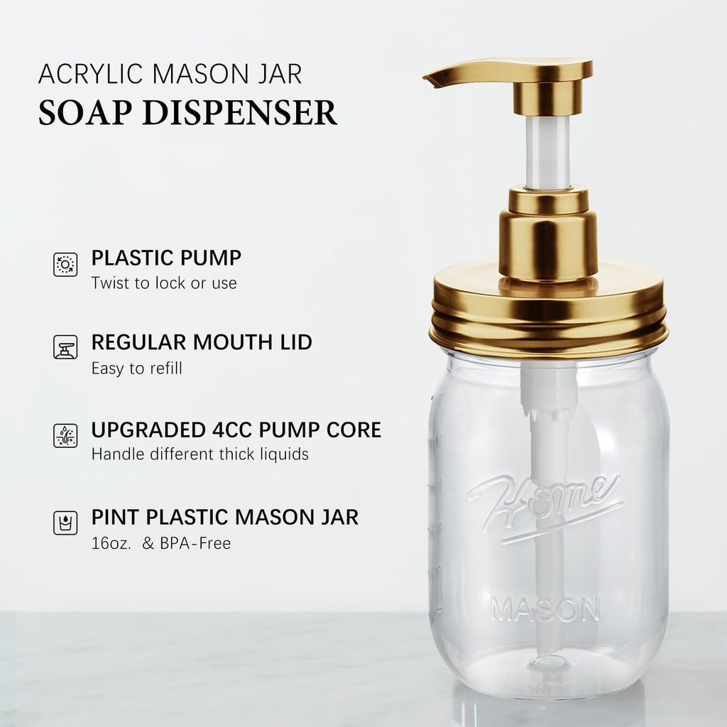 Plastic Mason Jar Soap Dispenser with Pump Lid 16OZ -2 Pack Gold | Refillable BPA-Free Hand Soap Dispenser Set with