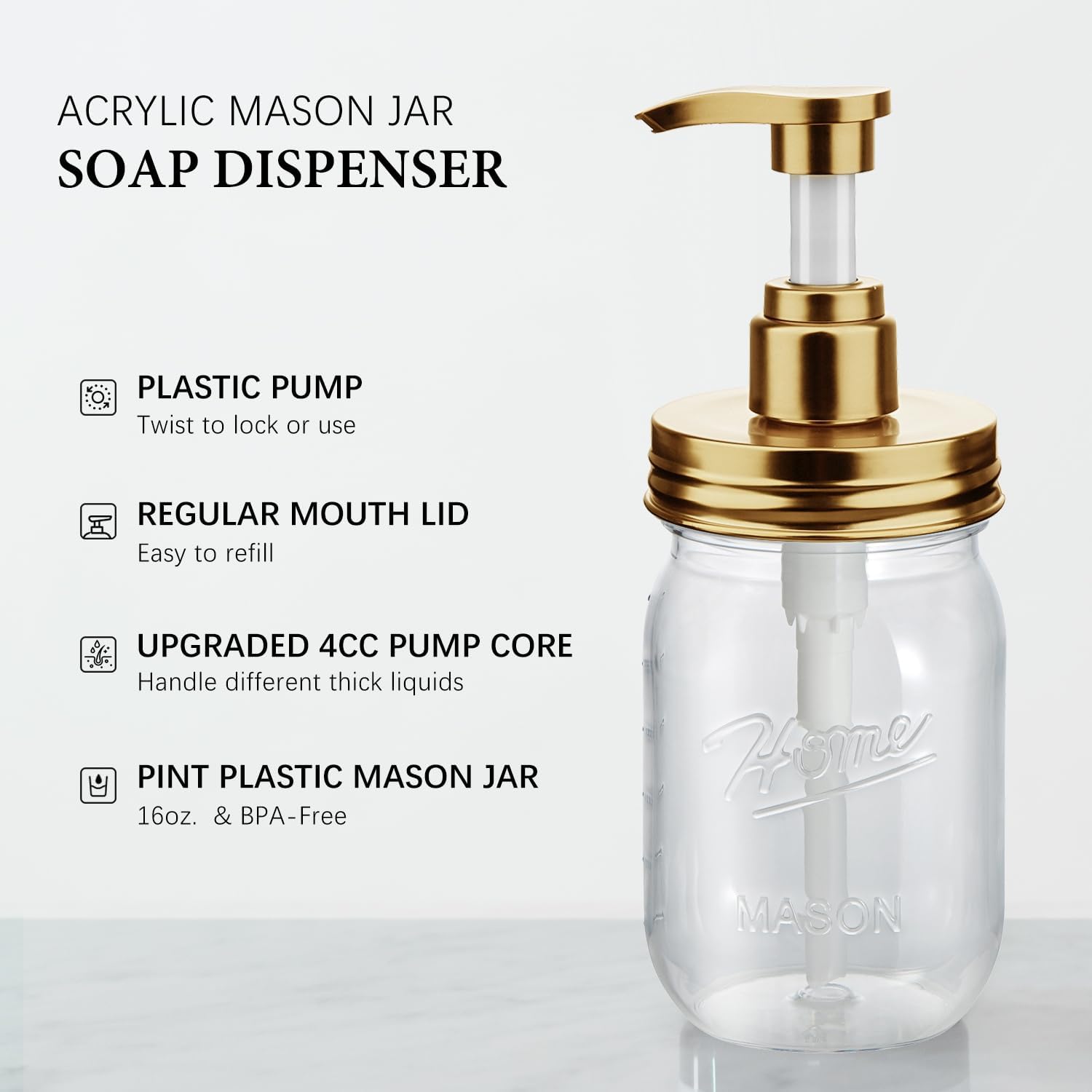 Plastic Mason Jar Soap Dispenser with Pump Lid 16OZ -2 Pack Gold | Refillable BPA-Free Hand Soap Dispenser Set with