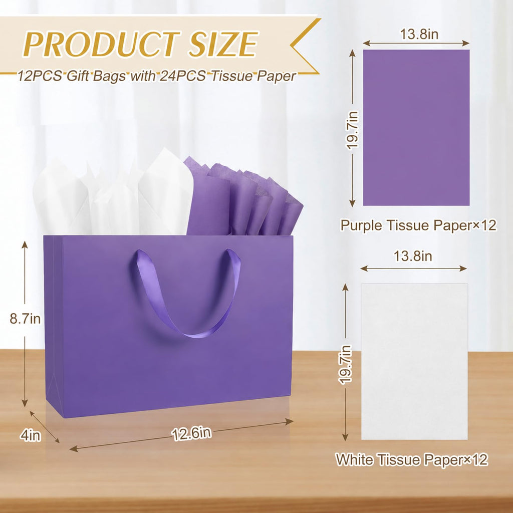 12 Pack Large Purple Gift Bags with Handles & 24 Tissue Papers