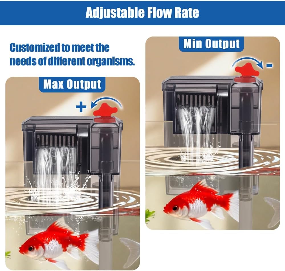 HOB Slim Aquarium Filter for Up to 5 Gallon Tank Ultra-Quiet Fish Tank Power Filter Flow Adjustable Suitable for