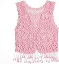 Girls Crochet Vest Cardigan with Fringe V-Neck Sleeveless Boho Vest Hollow Out Cardigan