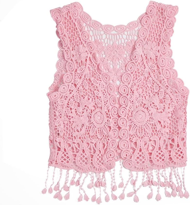 Girls Crochet Vest Cardigan with Fringe V-Neck Sleeveless Boho Vest Hollow Out Cardigan
