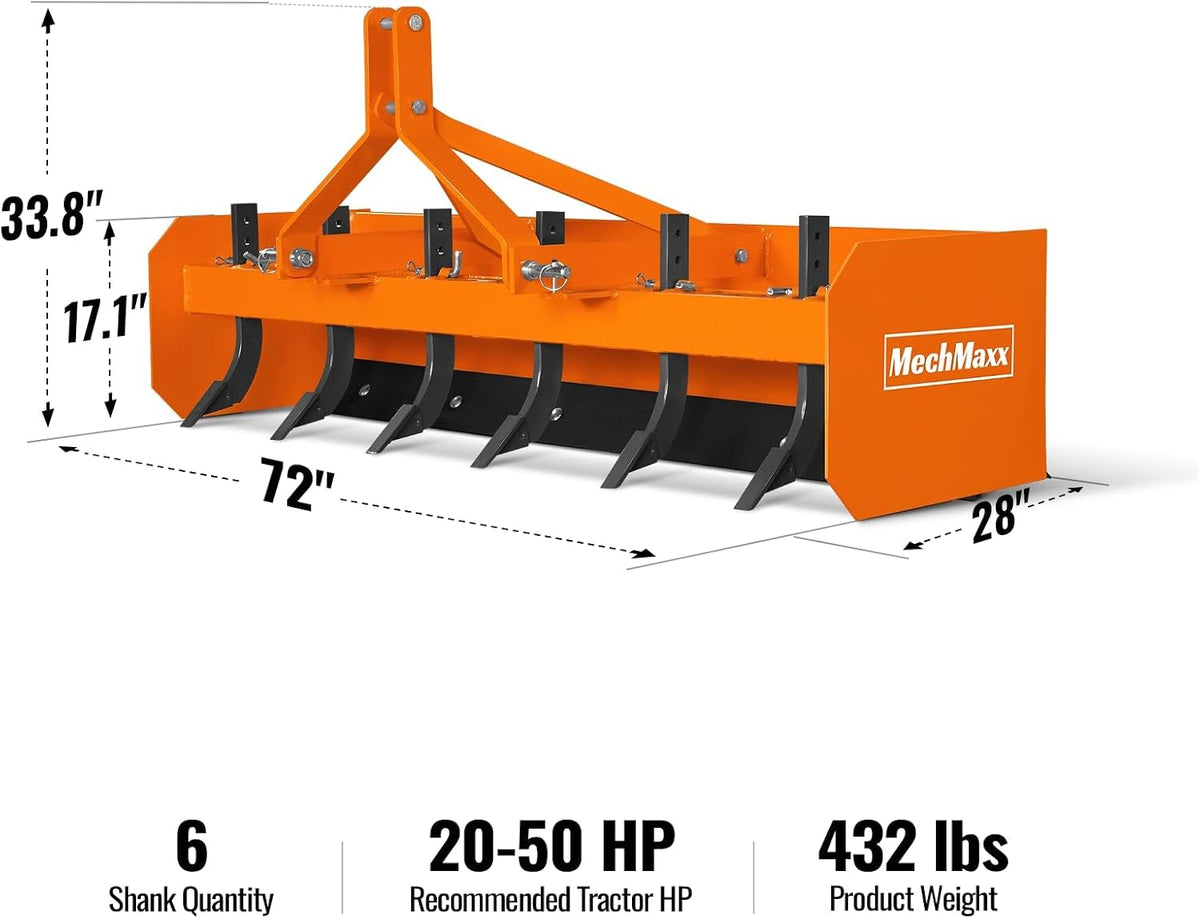 72" Box Blade Scraper with 6 Shanks 3 Point Hitch Tractor Attachment, Model BB72