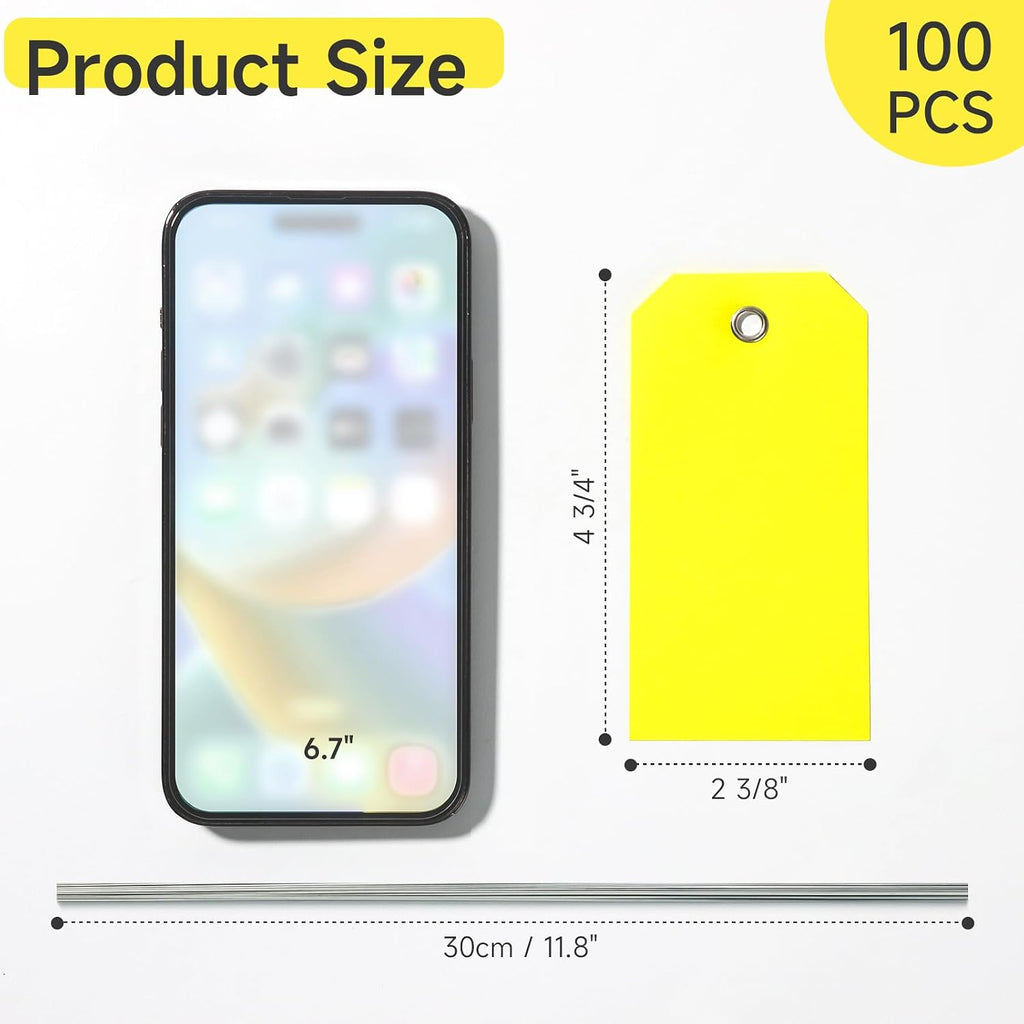 100Pcs Yellow Plastic Shipping Tags, 4 3/4" x 2 3/8", Writable, Durable, Waterproof