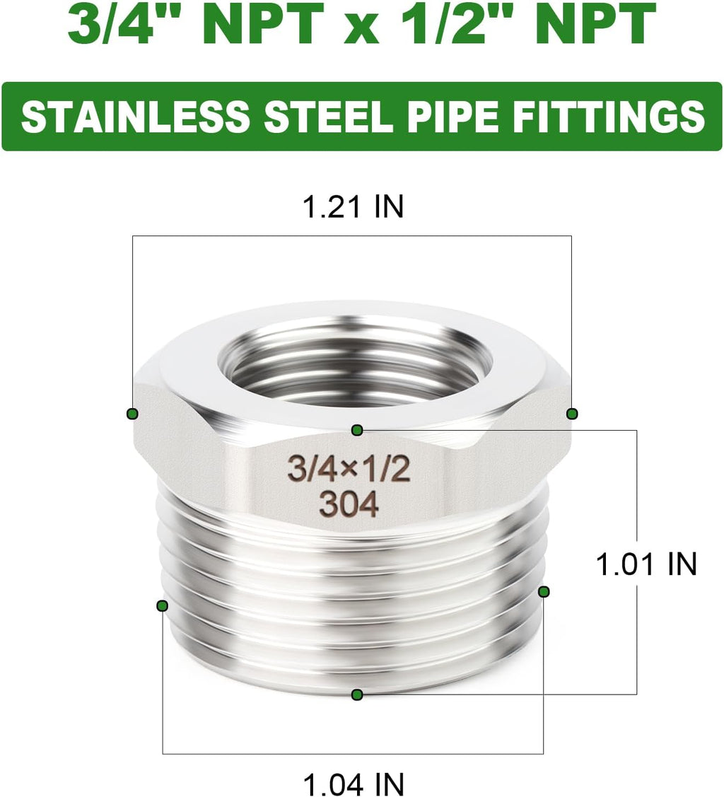 TAISHER 5PCS 304 Stainless Steel New Reducer Hex Bushing, 3/4" NPT Male x 1/2" NPT Female, Reducing Pipe Adapter Fitting