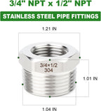 TAISHER 5PCS 304 Stainless Steel New Reducer Hex Bushing, 3/4" NPT Male x 1/2" NPT Female, Reducing Pipe Adapter Fitting