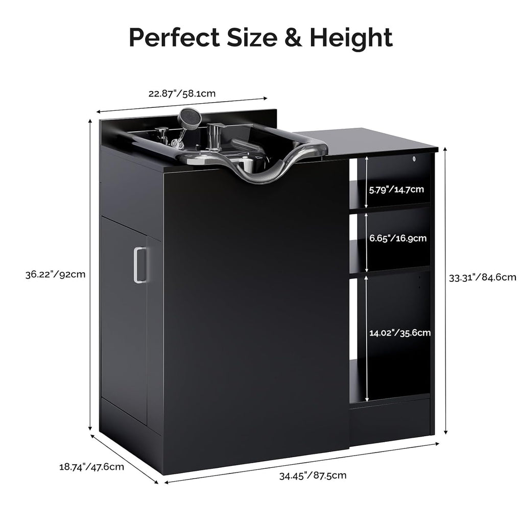 Salon Station, Shampoo Bowl with Cabinet, Freestanding Backwash Sink with Adjustable Shelf, UPC Certified Faucet