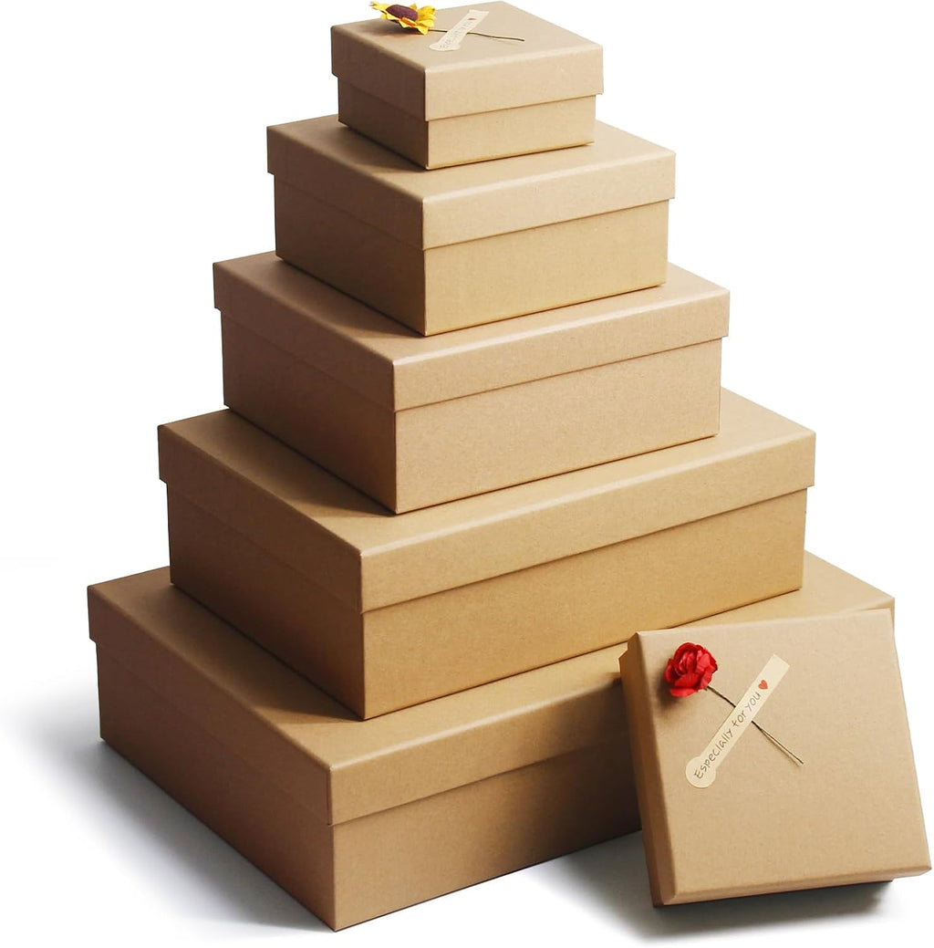 Gift Boxes with Lids for Presents, Set of 6 Empty Gift Boxes, Natural and Rustic Kraft Gift Wrap Boxes, Versatile