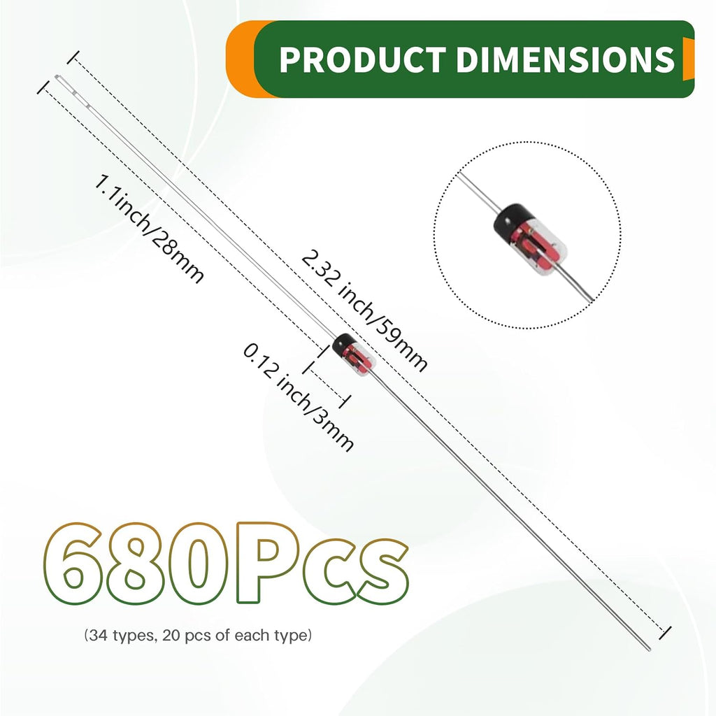 34Values 680PCS 1/2W Zener Diode Kit 2V to 47V 0.5W Diodes Assortment Set