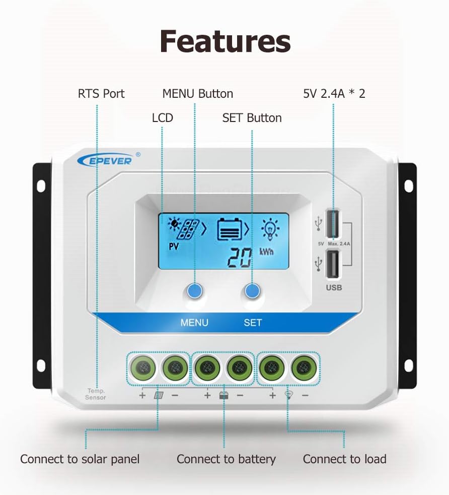 Solar Charge Controller 30A 12V/24V Auto Work, Solar Panel Solar Charge Controller PWM Regulator with LCD Display and
