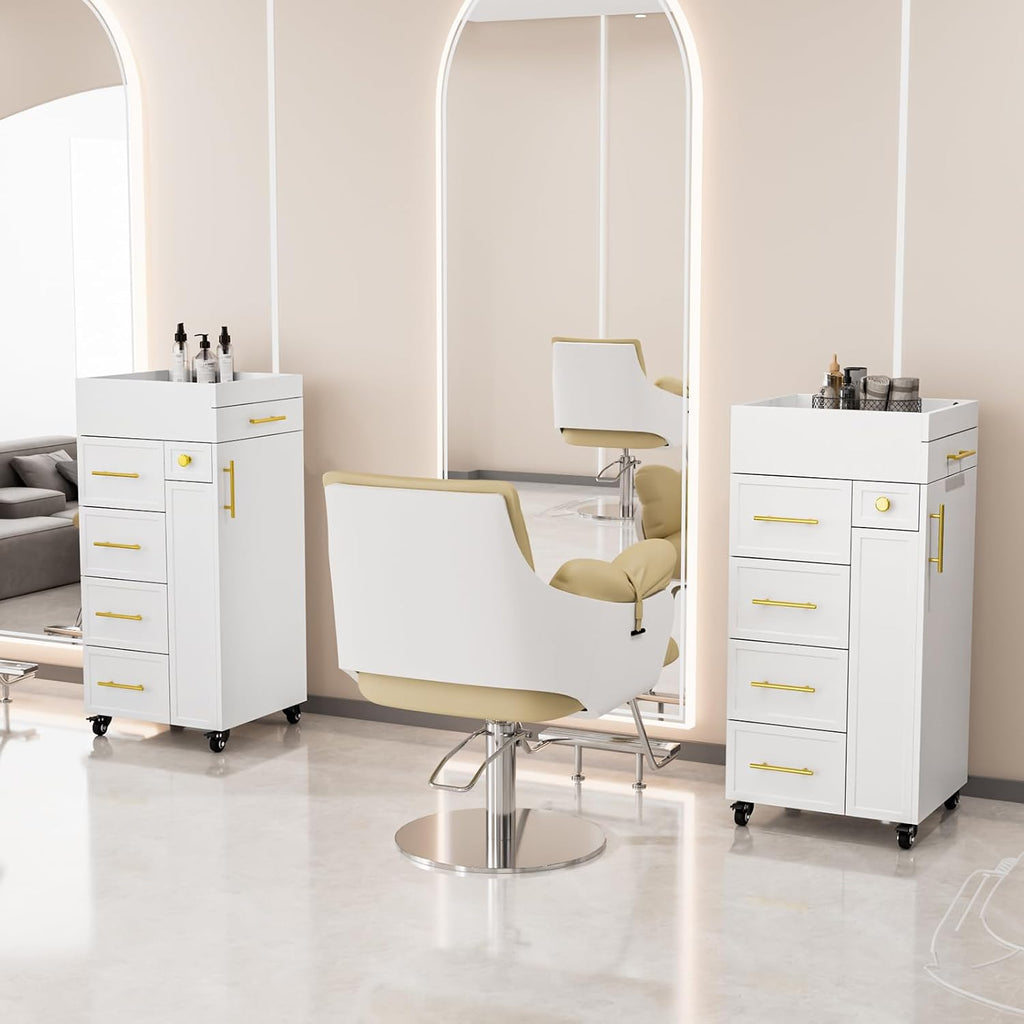 Salon Trolley Cart, Hair Styling Station with 5 Drawers, 3 Tool Holders & Adjustable Shelf, Mobile Storage Cabinet