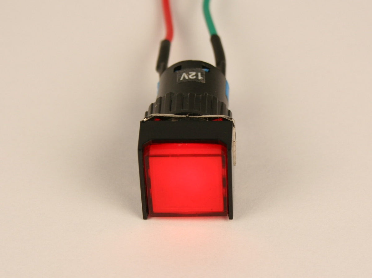 PilotLights 12 Volt DC Pilot Light, 17mm Square Panel Indicator Light - Red LED, 12VDC