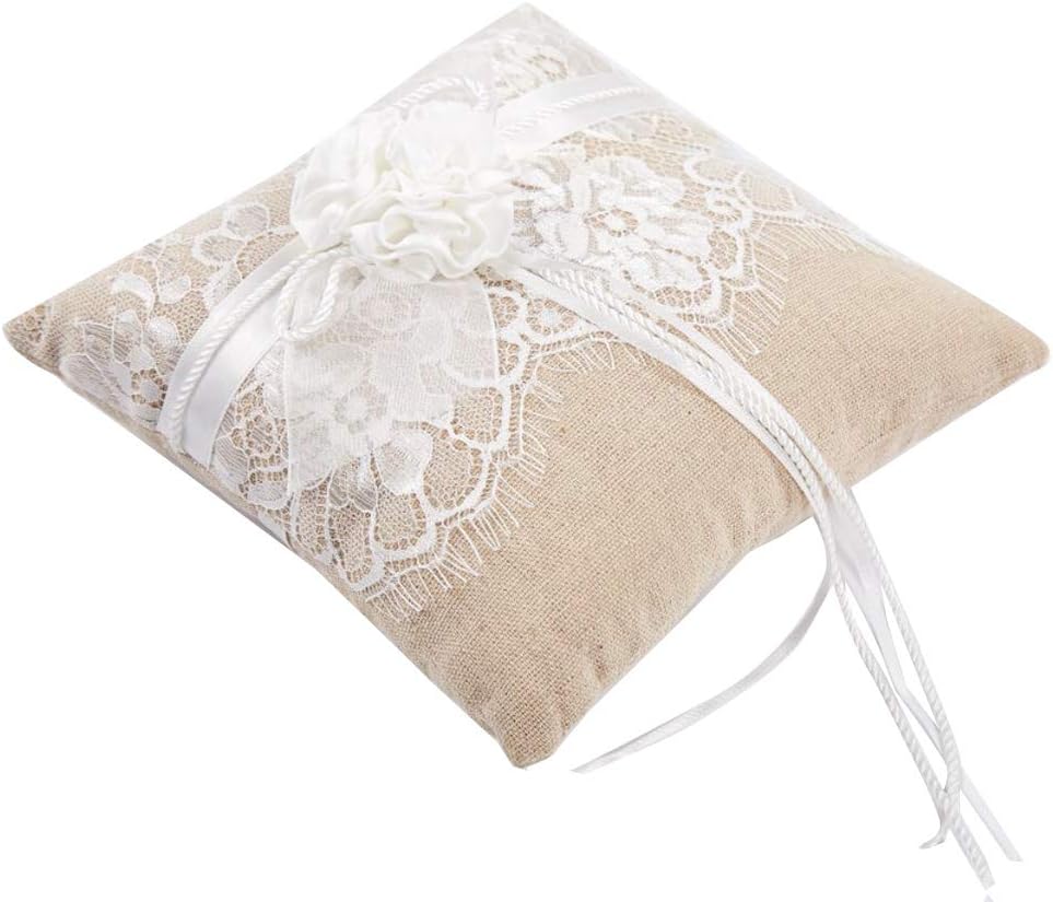 Awtlife Lace Wedding Ring Pillow, Flower Ring Bearer Pillow,8.26 Inch for Wedding Ceremony