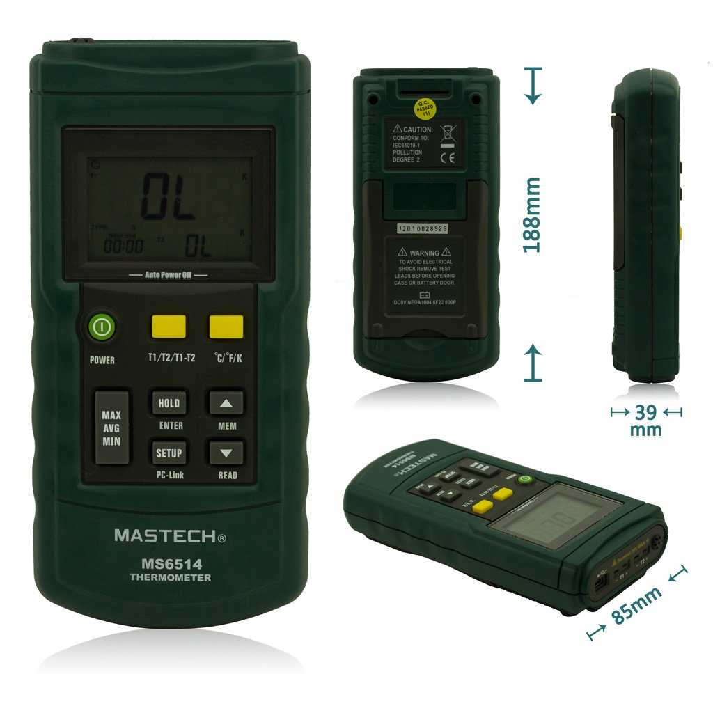 Mastech MS6514 Dual Channel Digital Thermometer Temperature Logger Tester USB Interface 1000 Data