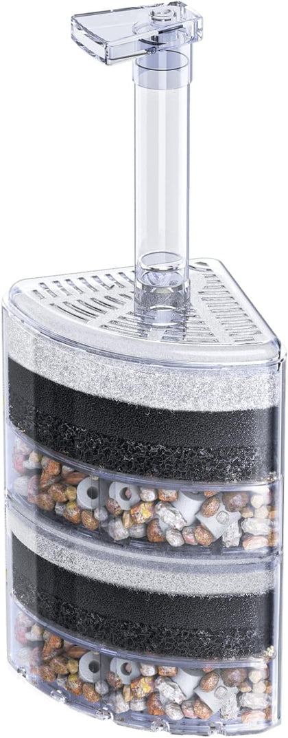 Aquarium Corner Sponge Filter Quiet Small Fish Bio Foam Filter with Natural Stones Gravels and Ceramic Rings for