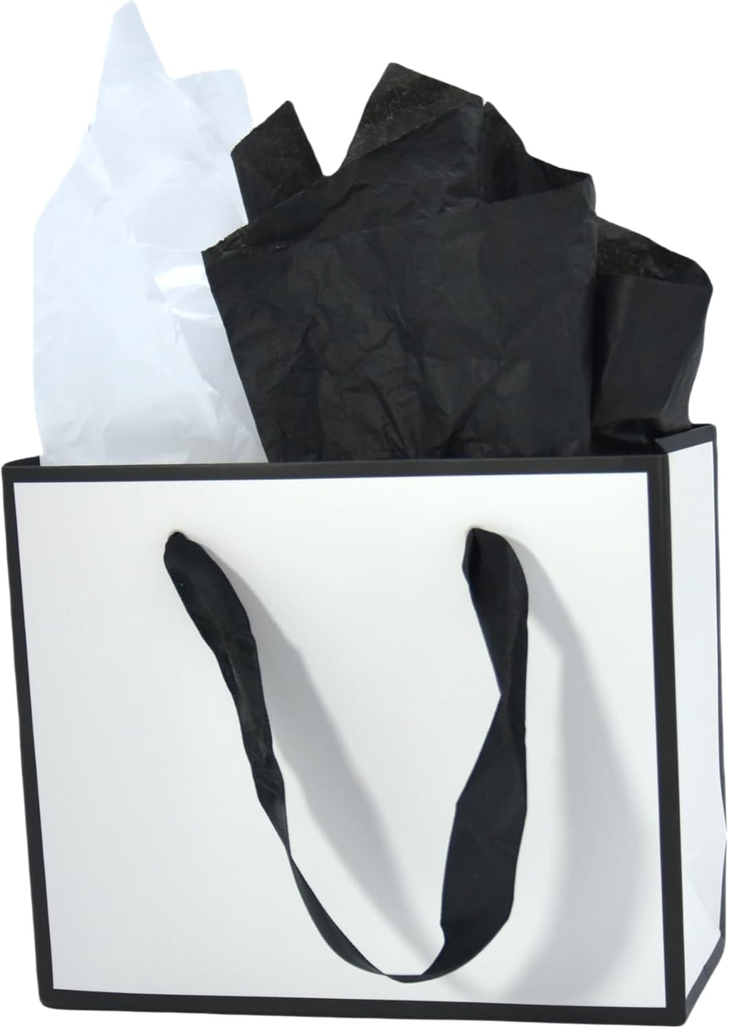 Small White & Black Gift Bags with Handles and Tissue Paper, 4 Pack